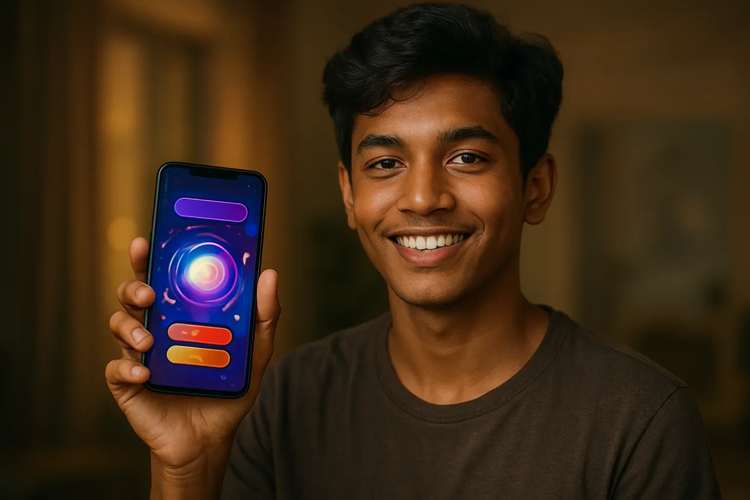 Young Bangladeshi man smiling, holding smartphone with colorful gaming app interface
