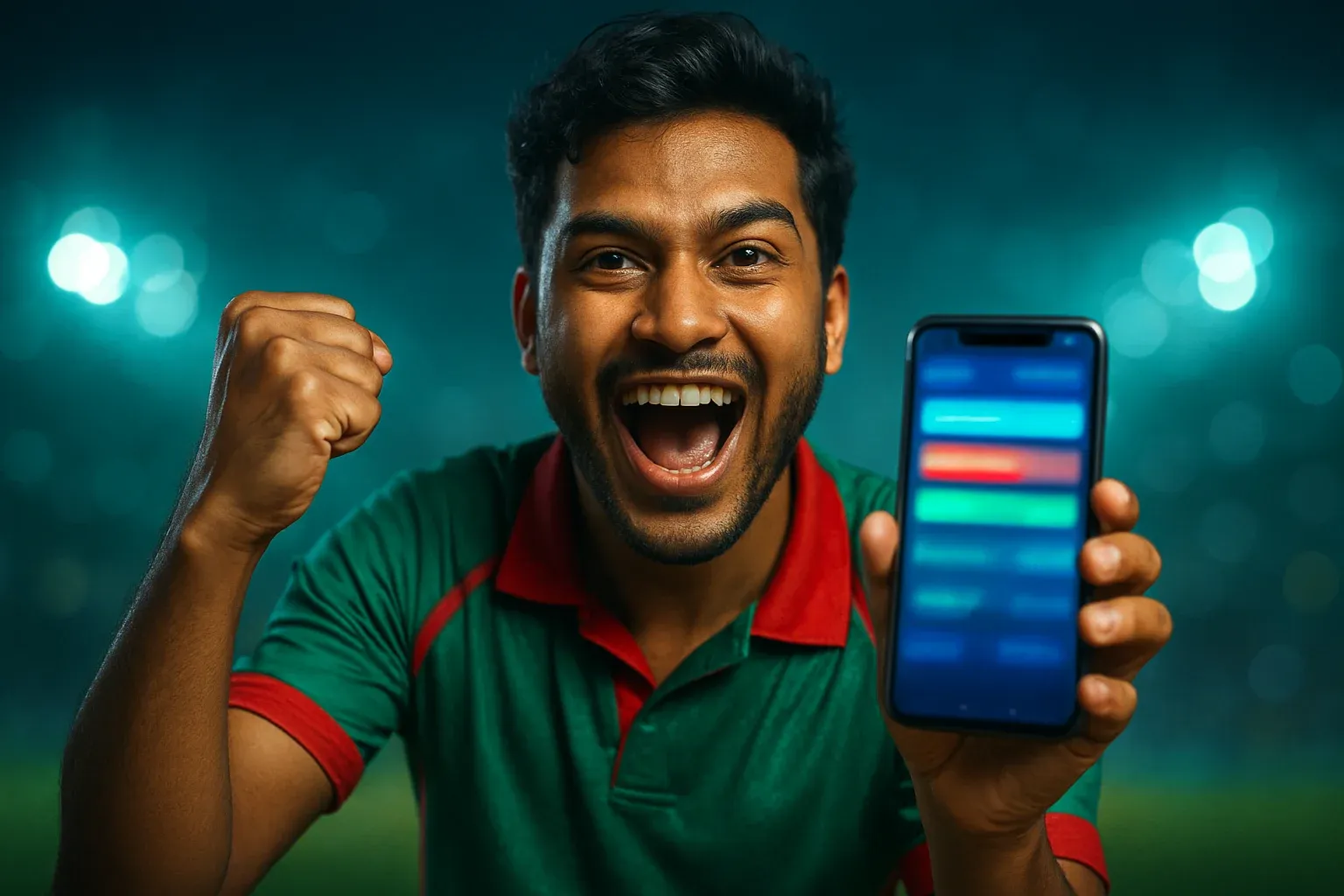 Excited Bangladeshi man cheering with smartphone showing sports betting interface