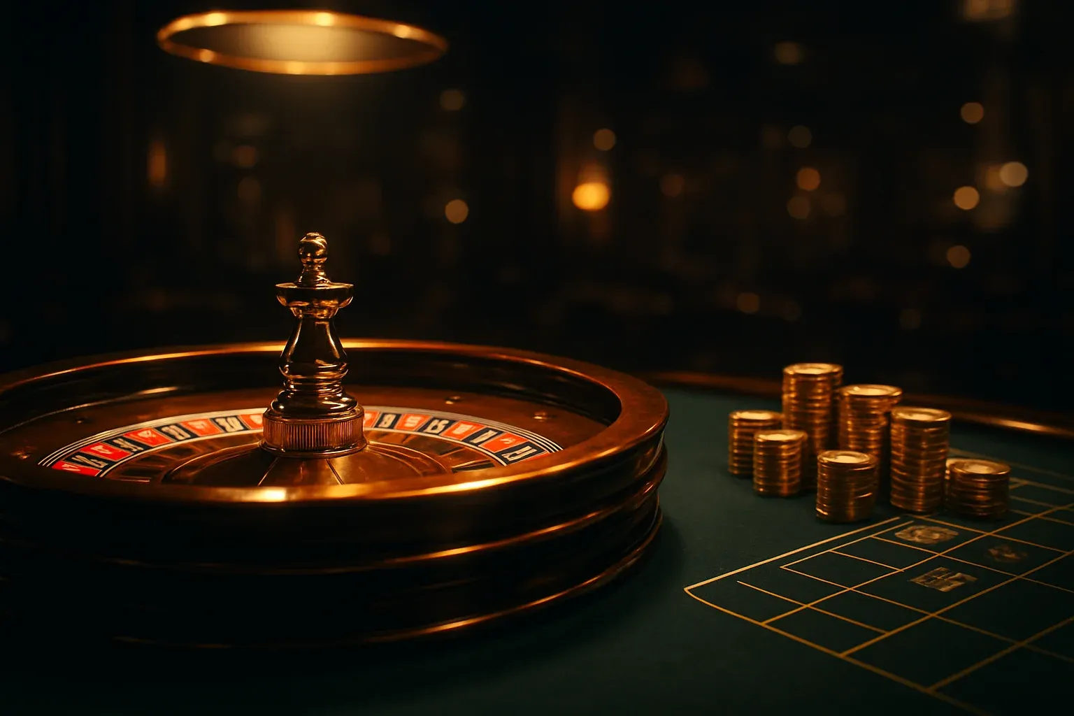 Elegant live casino table with glowing roulette wheel and golden chips