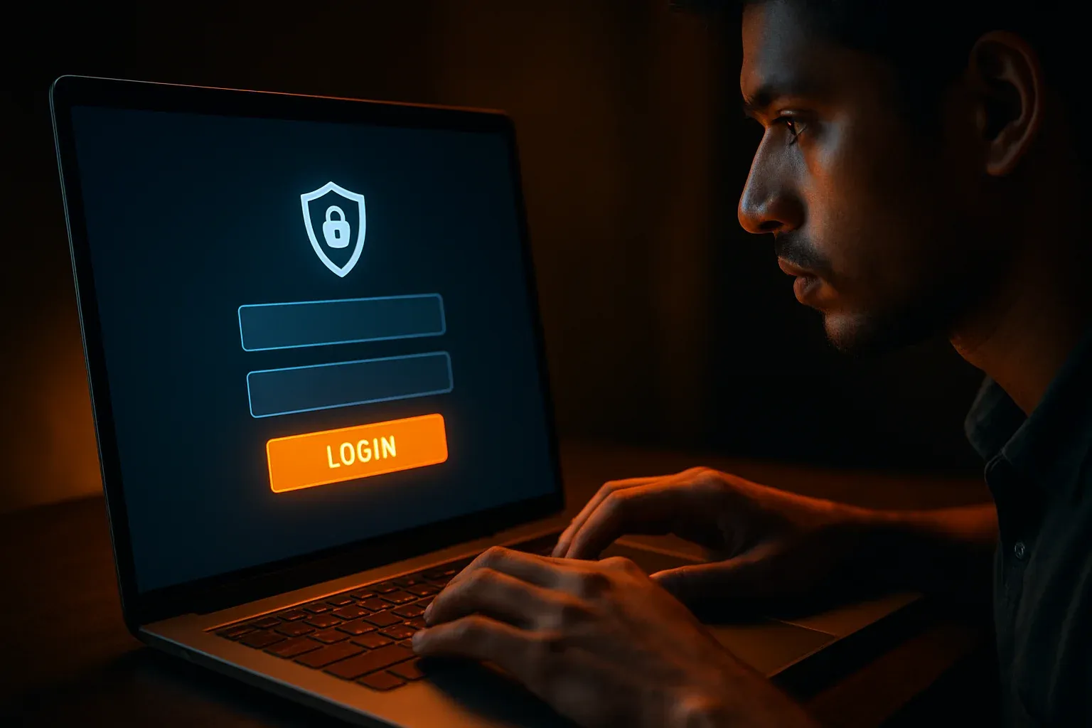 Young Bangladeshi man's hands on laptop showing stylized login form