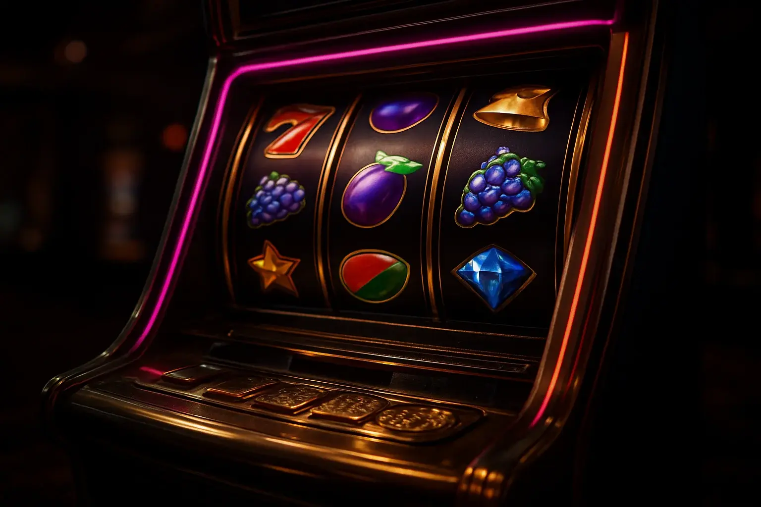 Premium slot machine with three reels in a dark luxury casino
